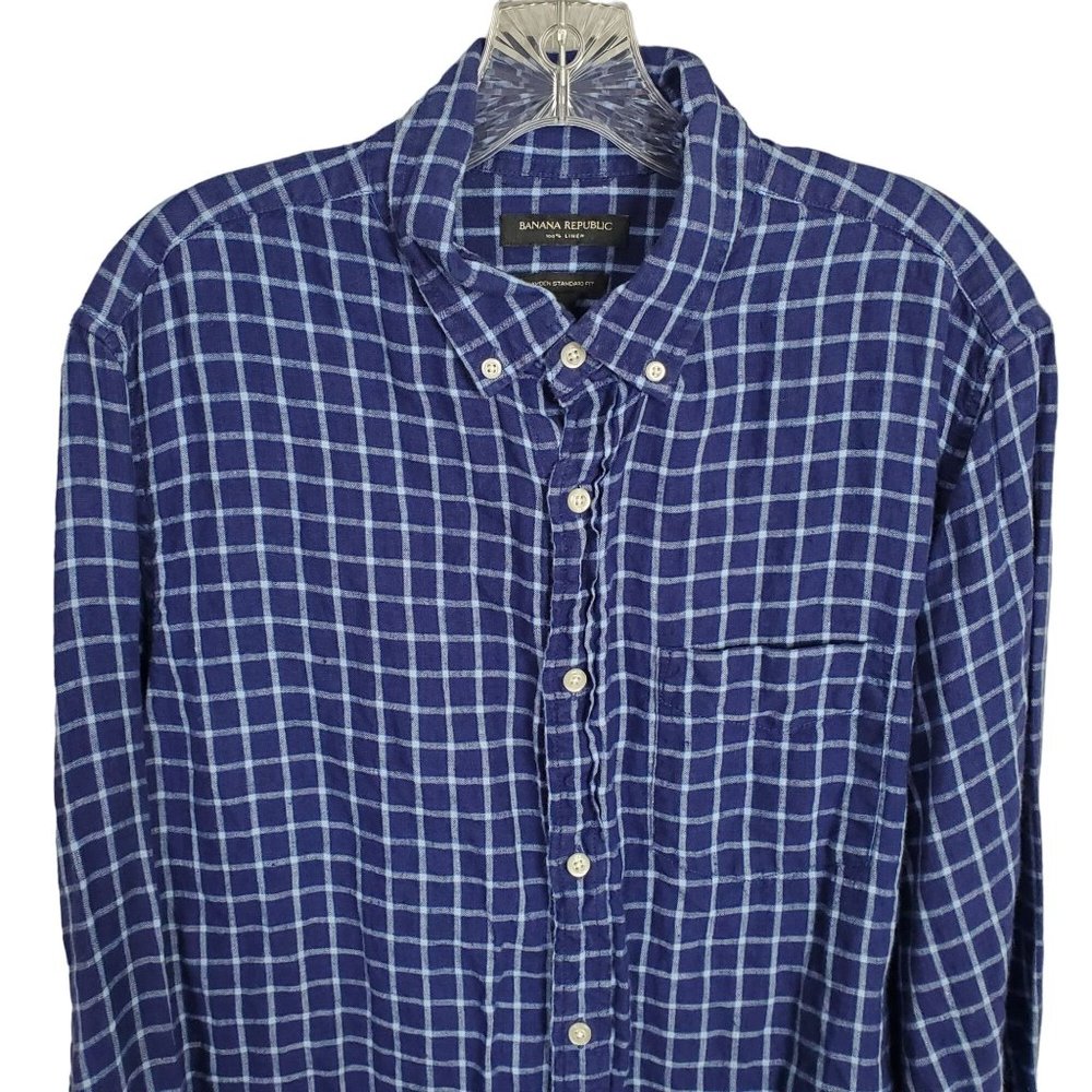 Banana Republic Mens Size L Shirt 100% Linen Camden Standard Fit Windowpane Blue - Picture 3 of 12
